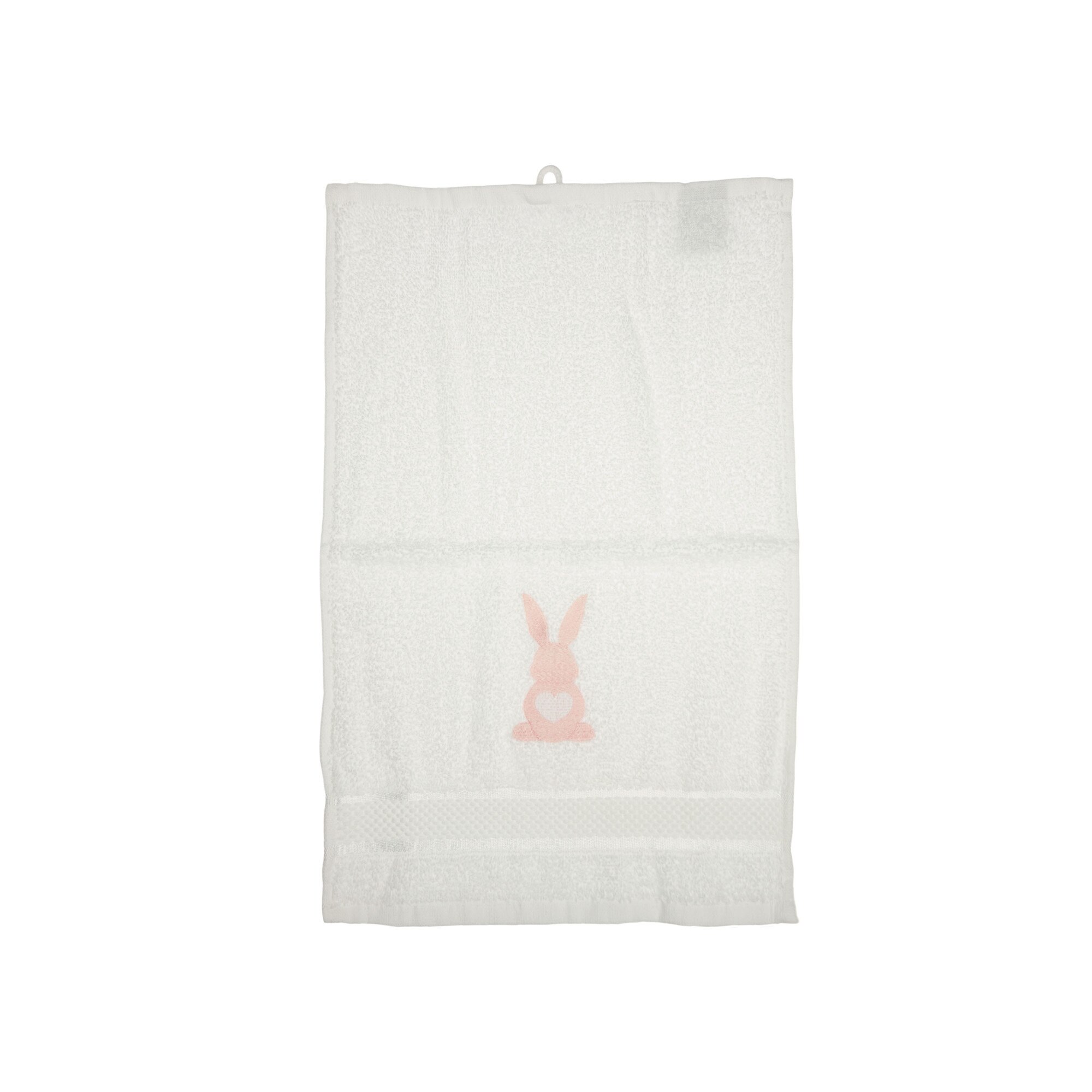 Prosop brodat, Alb, 30x50 cm, 100% bumbac, Buticcochet, Iepuras Roz - PROS205