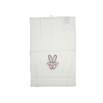 Prosop brodat, Alb, 30x50 cm, 100% bumbac, Buticcochet, cu motive de Paste, Iepuras - PROS206 Prosop brodat, Alb, 30x50 cm, 100% bumbac, Buticcochet, cu motive de Paste, Iepuras - PROS206