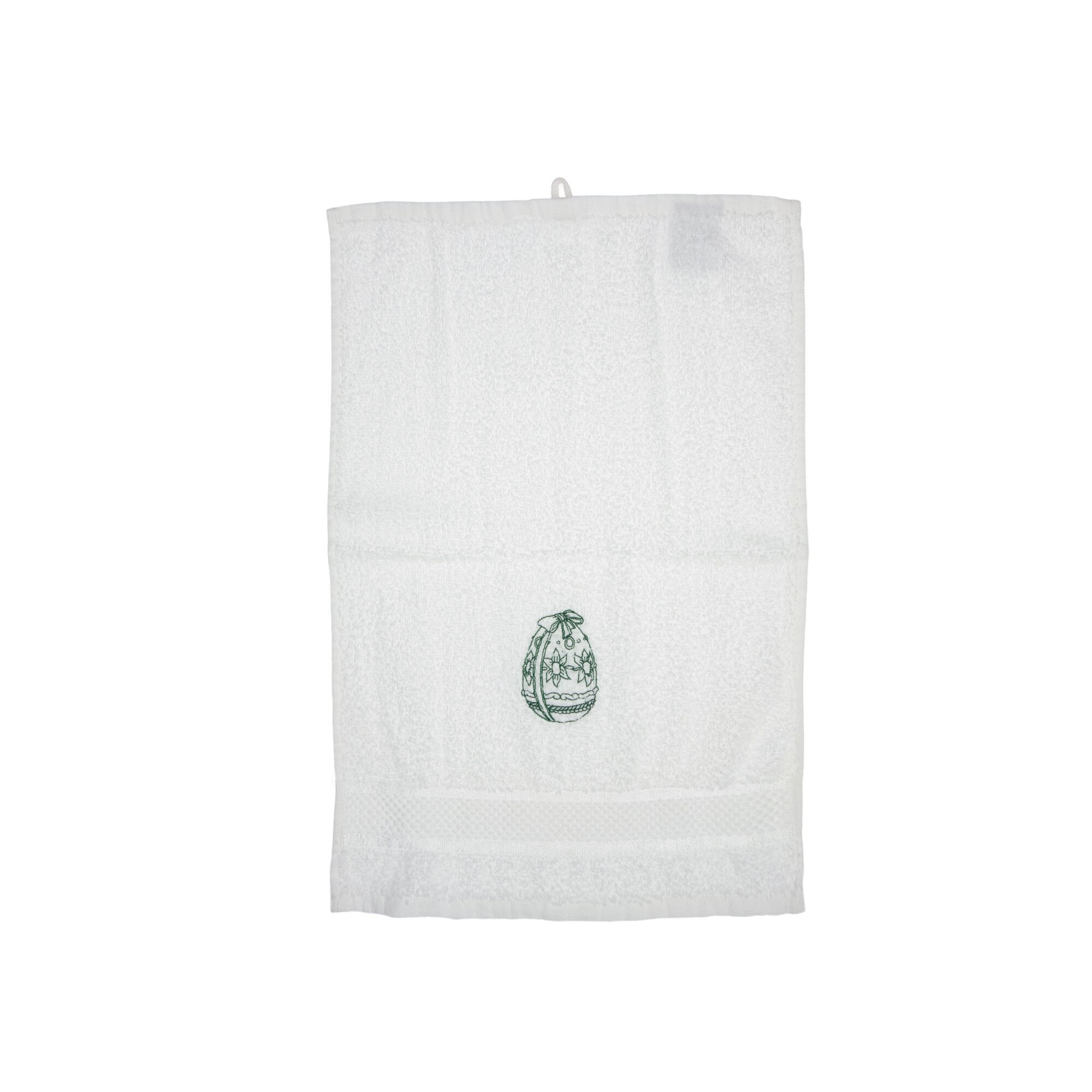 Prosop brodat, Alb, 30x50 cm, 100% bumbac, Buticcochet, cu motive de Paste, Ou verde - PROS204