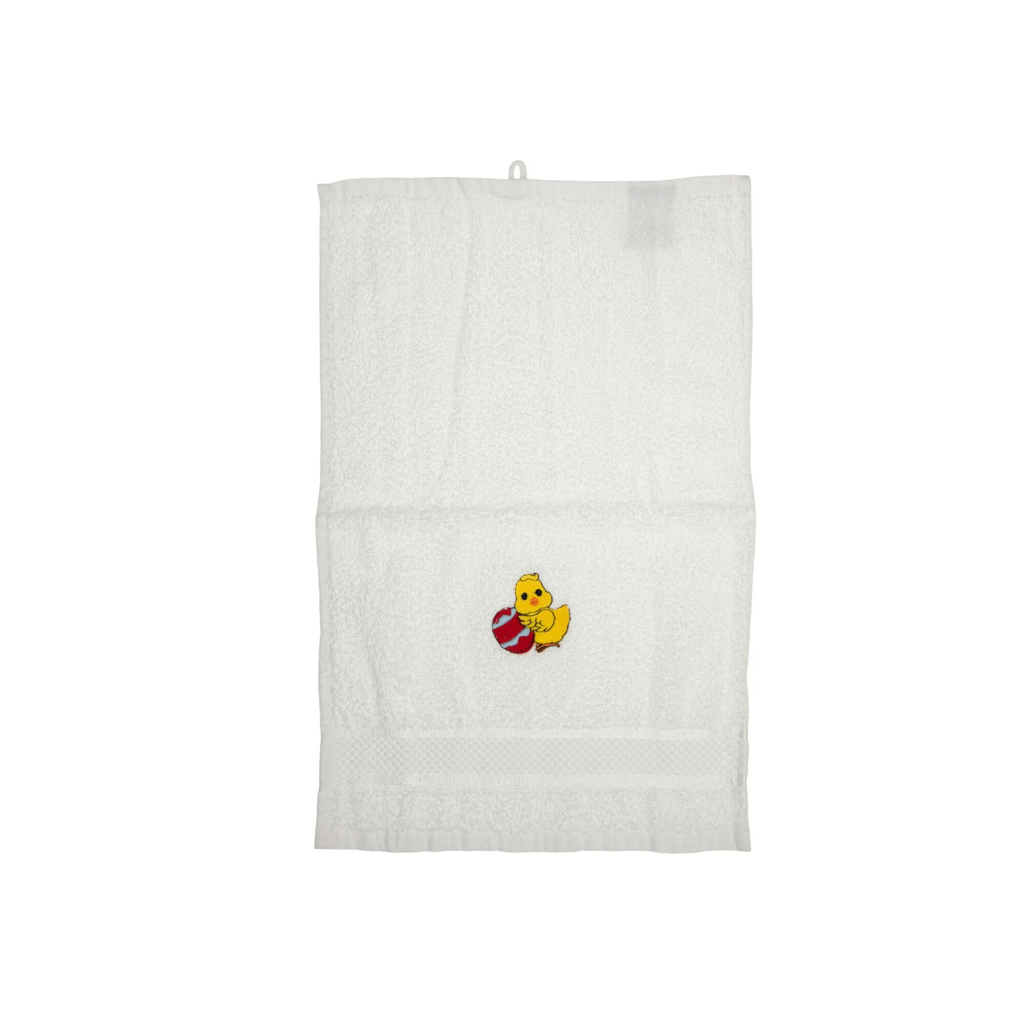 Prosop brodat, Alb, 30x50 cm, 100% bumbac, Buticcochet, cu motive de Paste, Puisor cu ou - PROS209