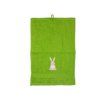 Prosop brodat, Verde, 30x50 cm, 100% bumbac, Buticcochet, cu motive de Paste, Iepuras - PROS213 Prosop brodat, Verde, 30x50 cm, 100% bumbac, Buticcochet, cu motive de Paste, Iepuras - PROS213