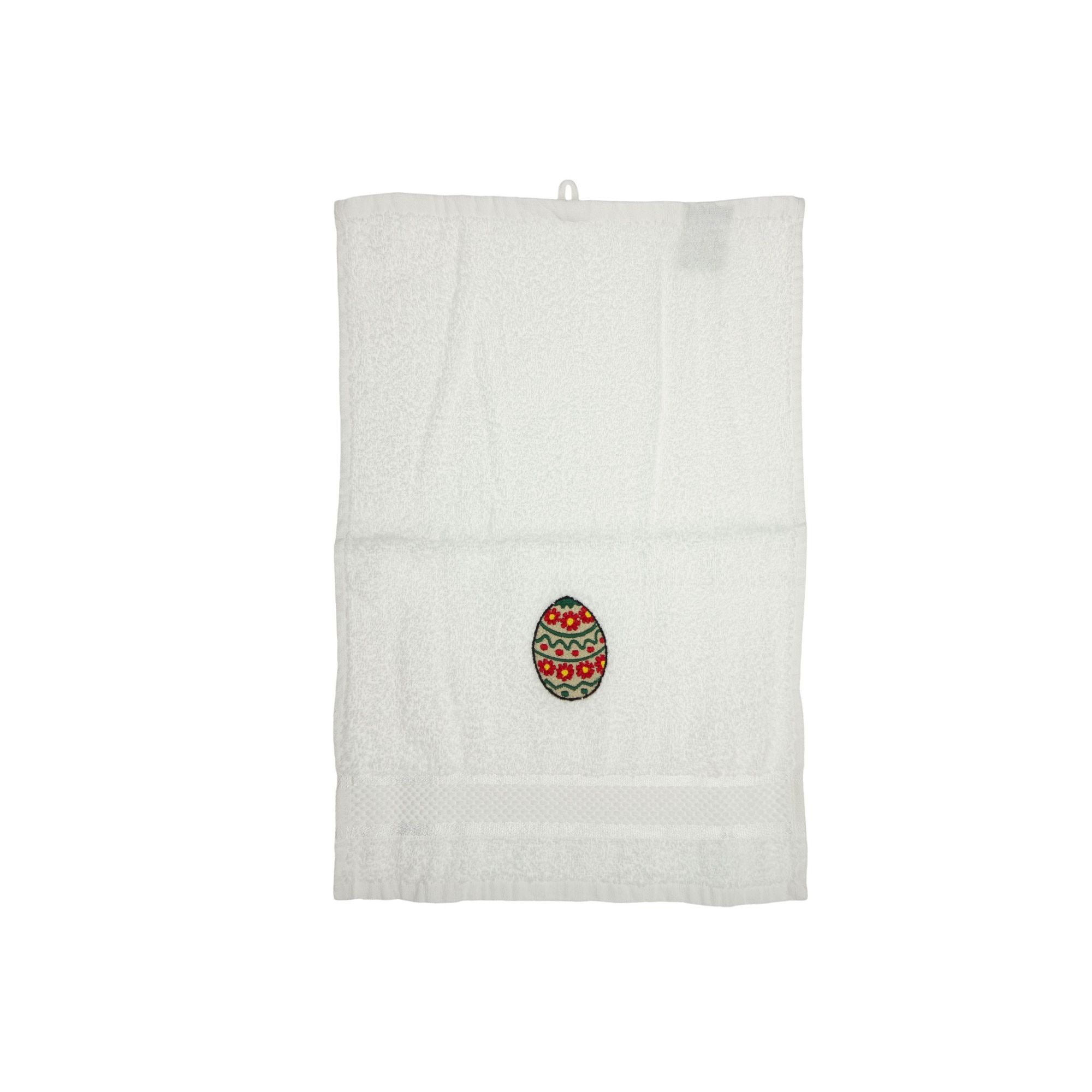 Prosop brodat, Alb, 30x50 cm, 100% bumbac, Buticcochet, cu motive de Paste, Ou colorat - PROS211