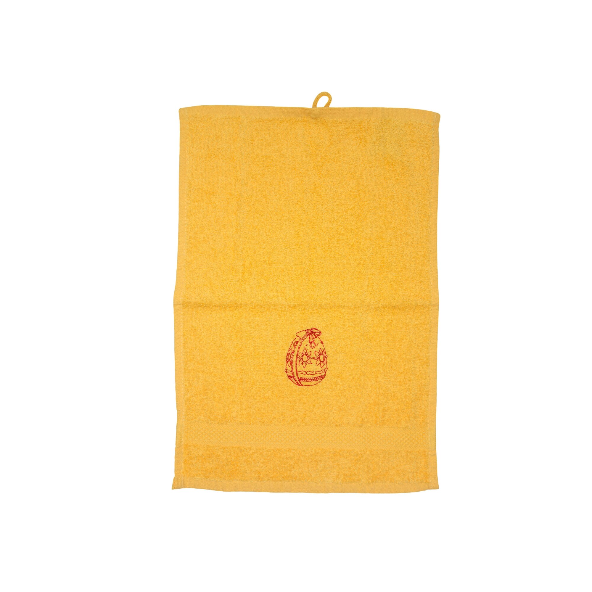 Prosop brodat, Galben, 30x50 cm, 100% bumbac, Buticcochet, cu motive de Paste, Ou Rosu - PROS216