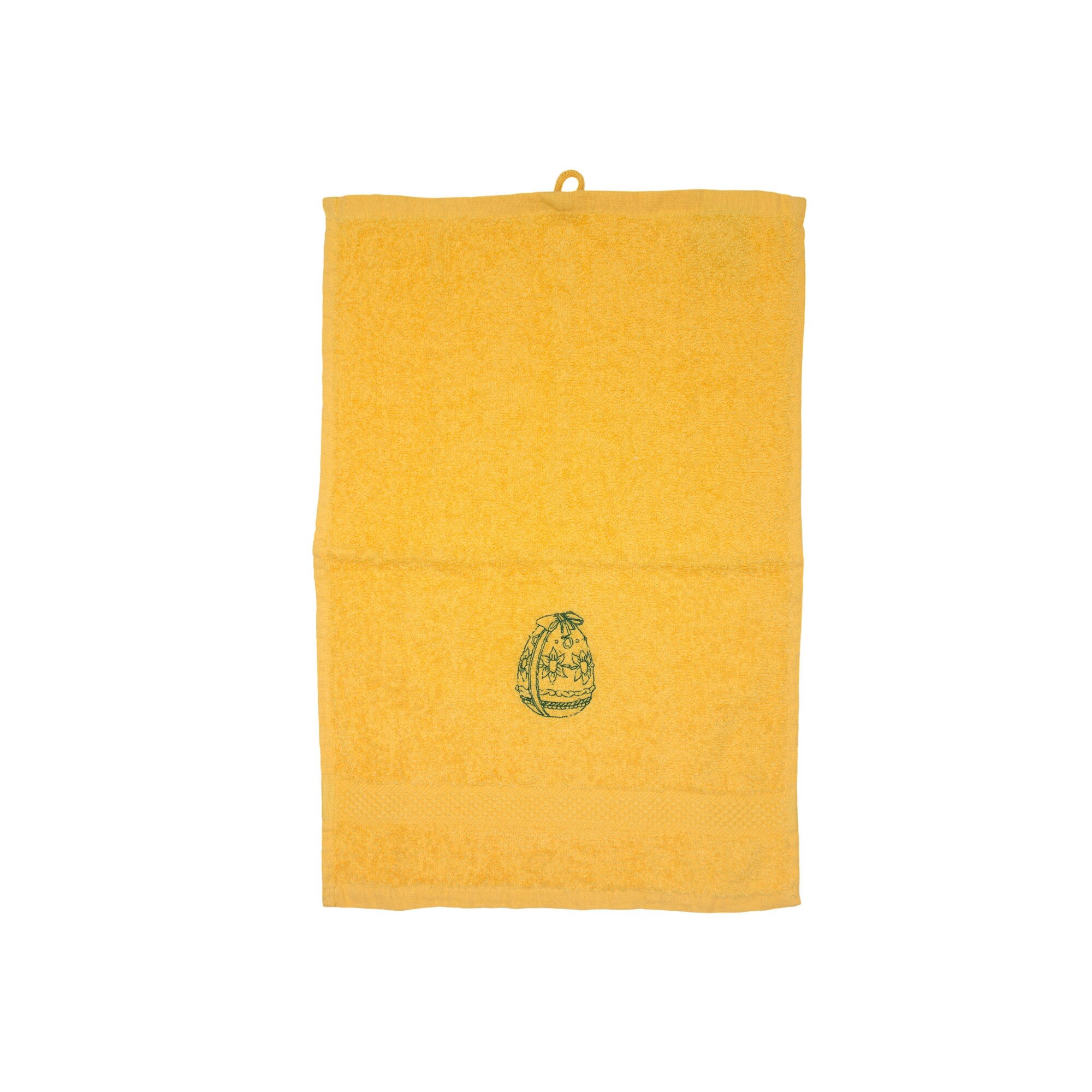 Prosop brodat, Galben, 30x50 cm, 100% bumbac, Buticcochet, cu motive de Paste, Ou Verde - PROS217