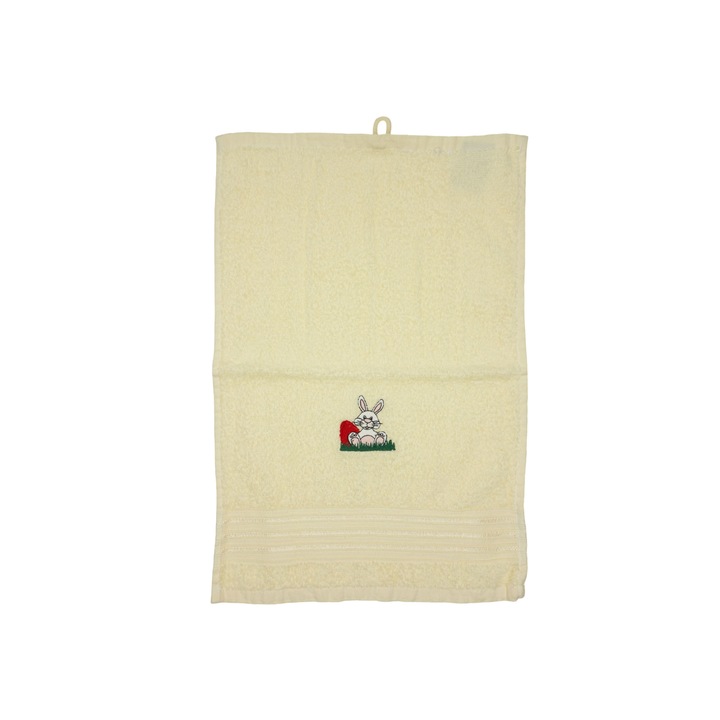 Бродирана хавлия, Кремава, 30х50 см, 100% памук, Бутикоше, с великденски мотиви, Заек - PROS221