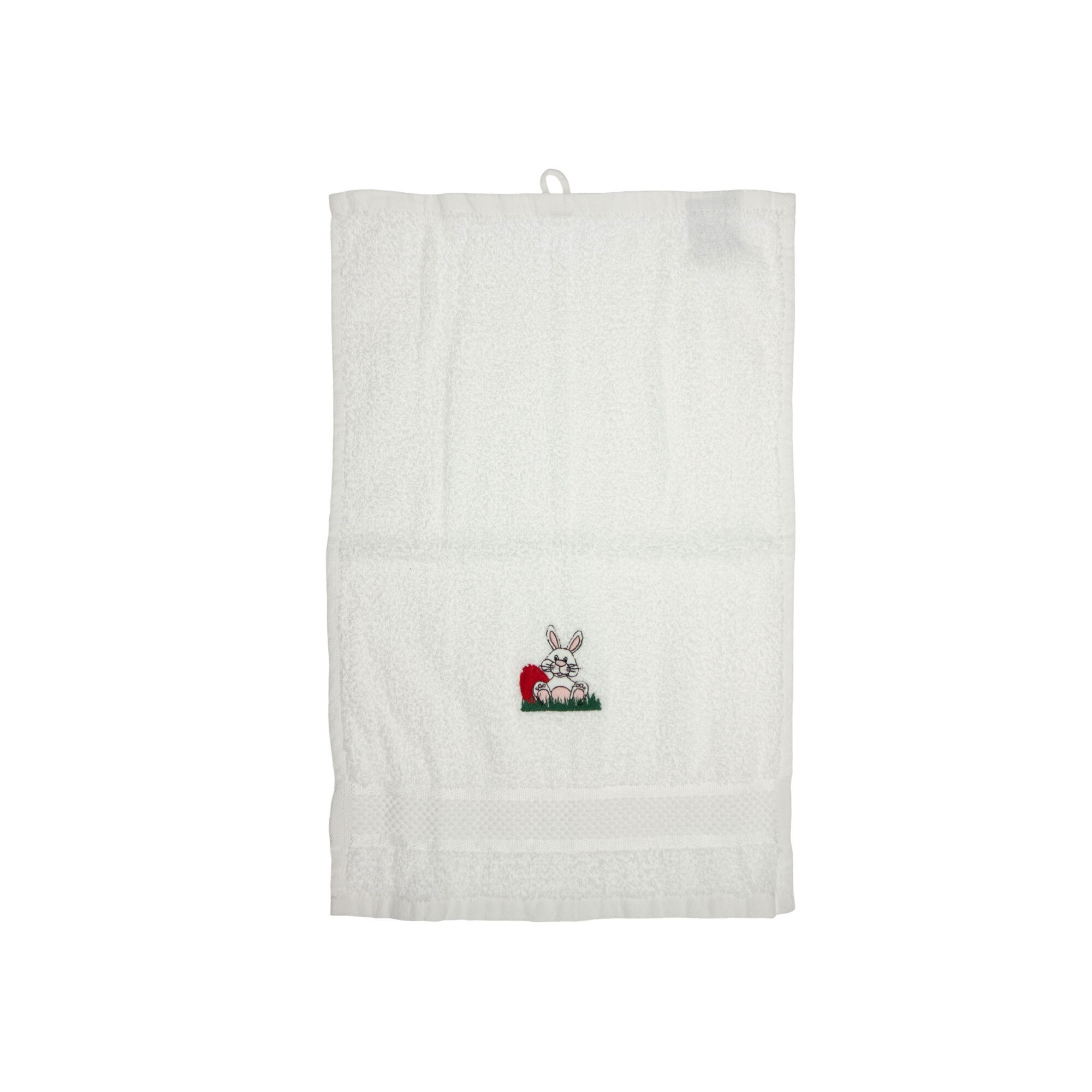 Prosop brodat, Alb, 30x50 cm, 100% bumbac, Buticcochet, cu motive de Paste, Iepuras cu Ou - PROS207