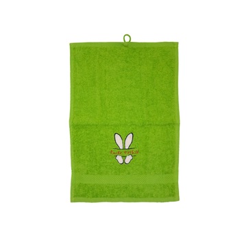 Prosop brodat, Verde, 30x50 cm, 100% bumbac, Buticcochet, cu motive de Paste, Iepure - PROS214 Prosop brodat, Verde, 30x50 cm, 100% bumbac, Buticcochet, cu motive de Paste, Iepure - PROS214