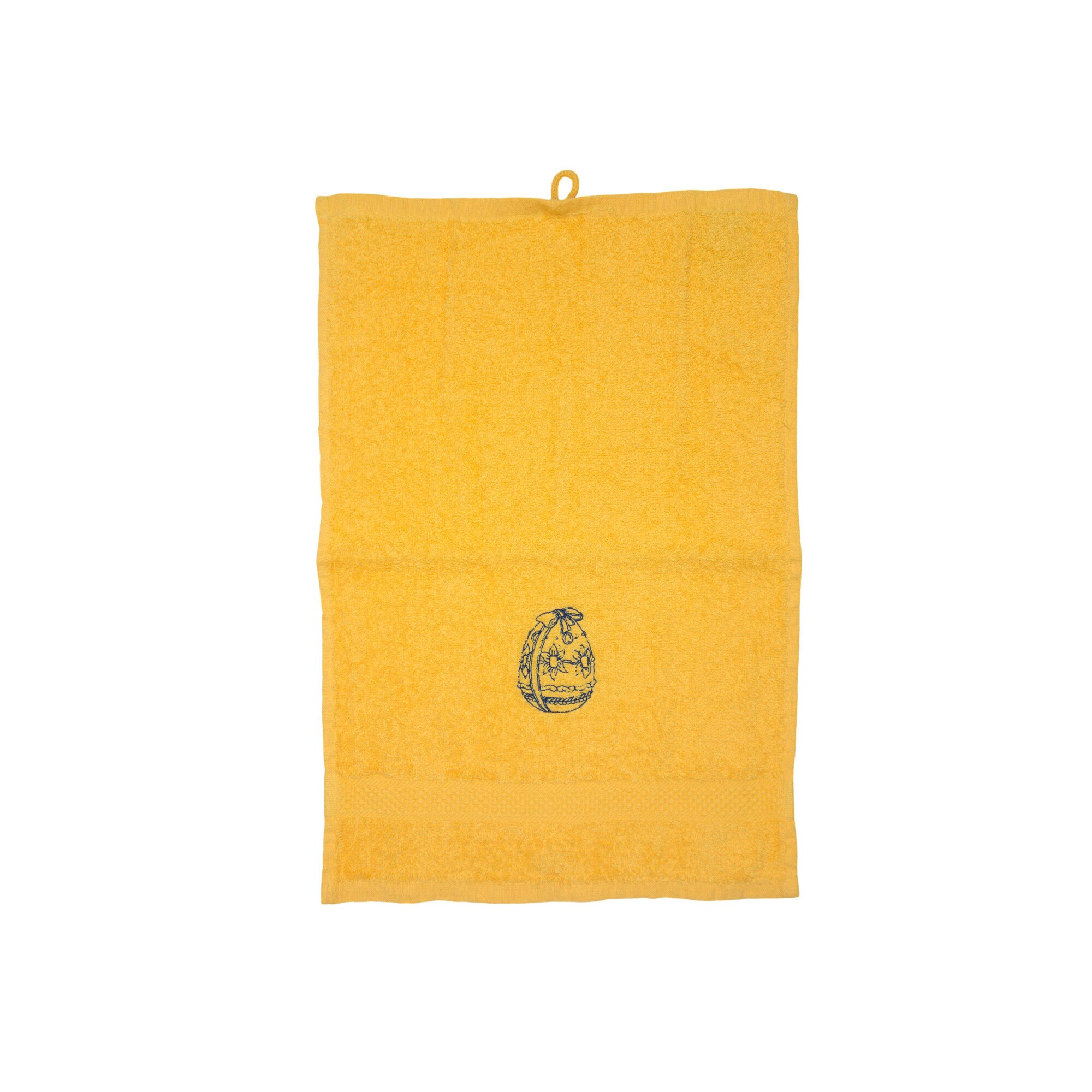 Prosop brodat, Galben, 30x50 cm, 100% bumbac, Buticcochet, cu motive de Paste, Ou Albastru - PROS218