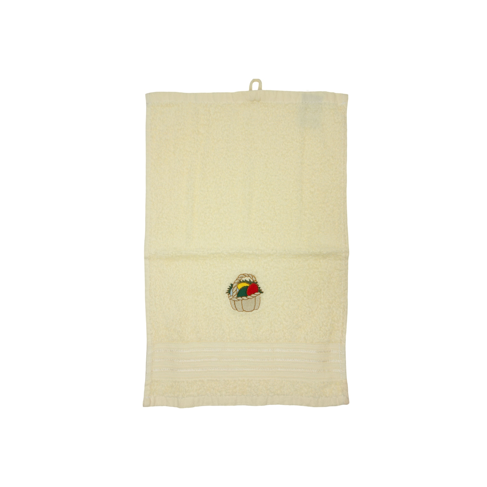 Prosop brodat, Crem, 30x50 cm, 100% bumbac, Buticcochet, cu motive de Paste, Cos cu oua - PROS220