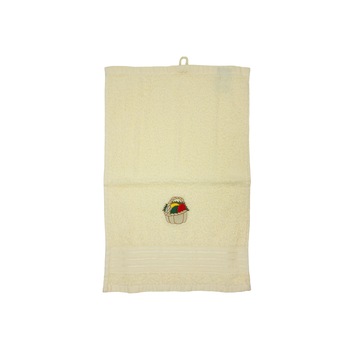 Prosop brodat, Crem, 30x50 cm, 100% bumbac, Buticcochet, cu motive de Paste, Cos cu oua - PROS220 Prosop brodat, Crem, 30x50 cm, 100% bumbac, Buticcochet, cu motive de Paste, Cos cu oua - PROS220