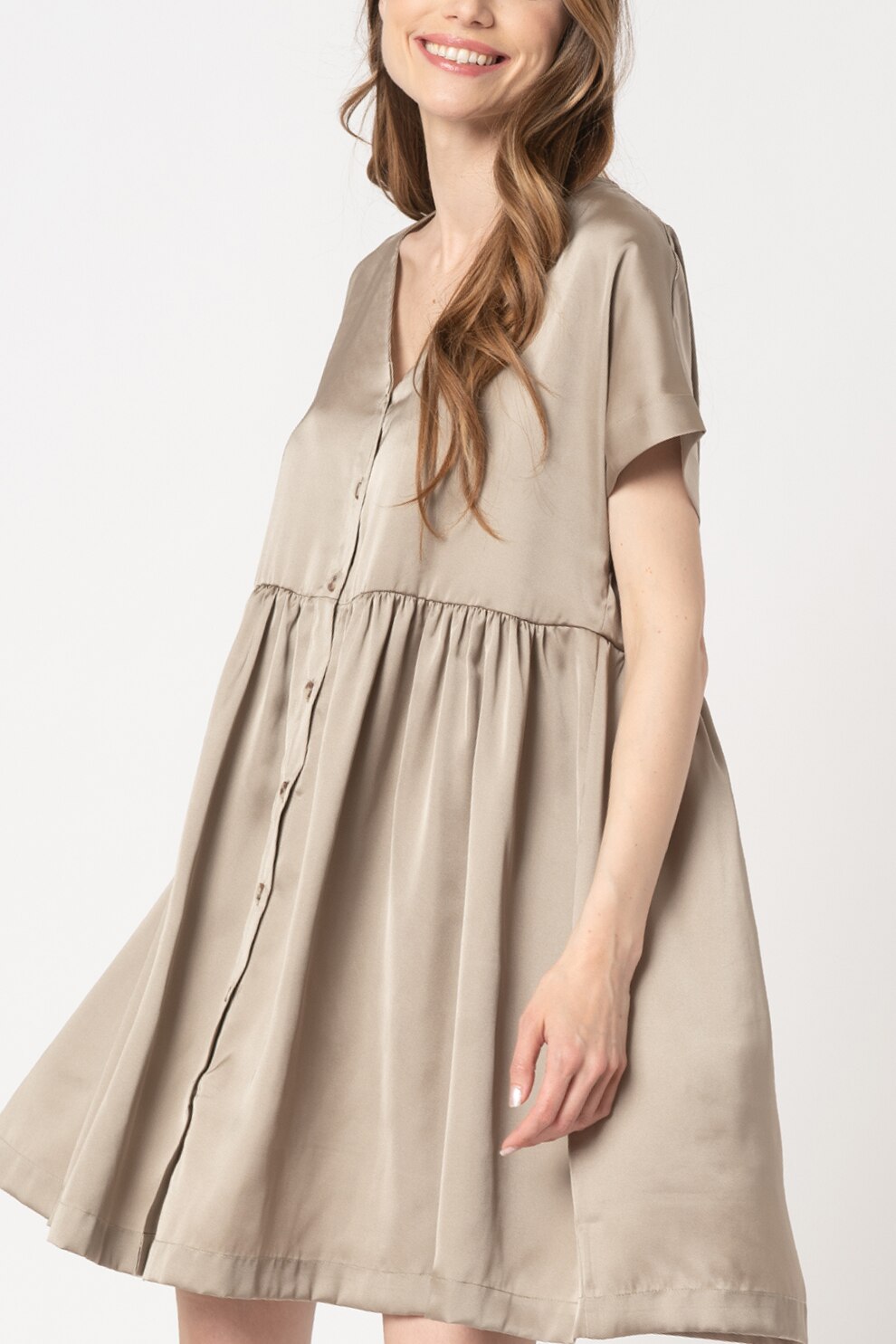 ICHI, Rochie lejera de satin Genya, Verde oliv, M