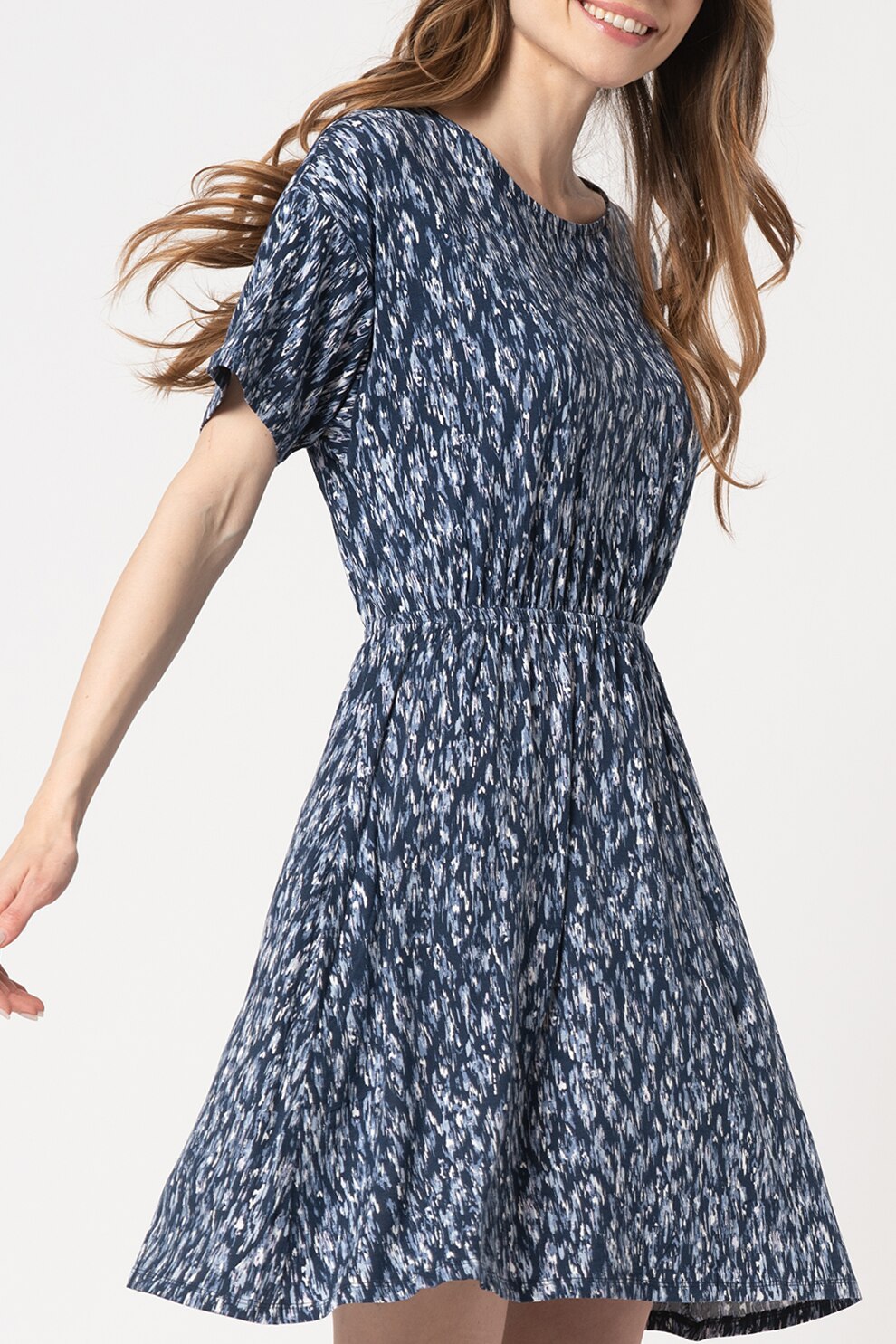 ICHI, Rochie evazata cu model Lisa, Bleumarin