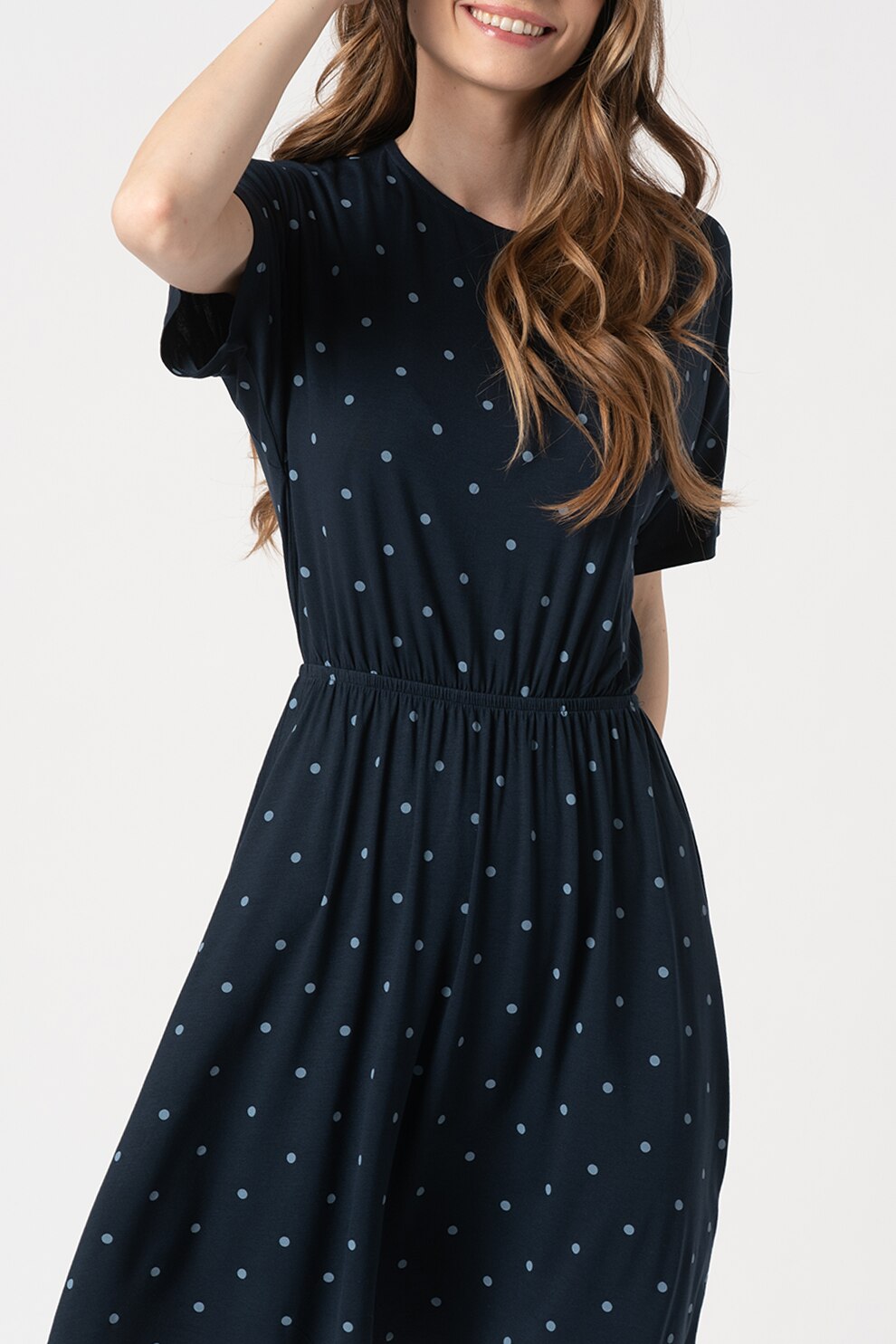 ICHI, Rochie evazata cu model Lisa, Bleumarin inchis