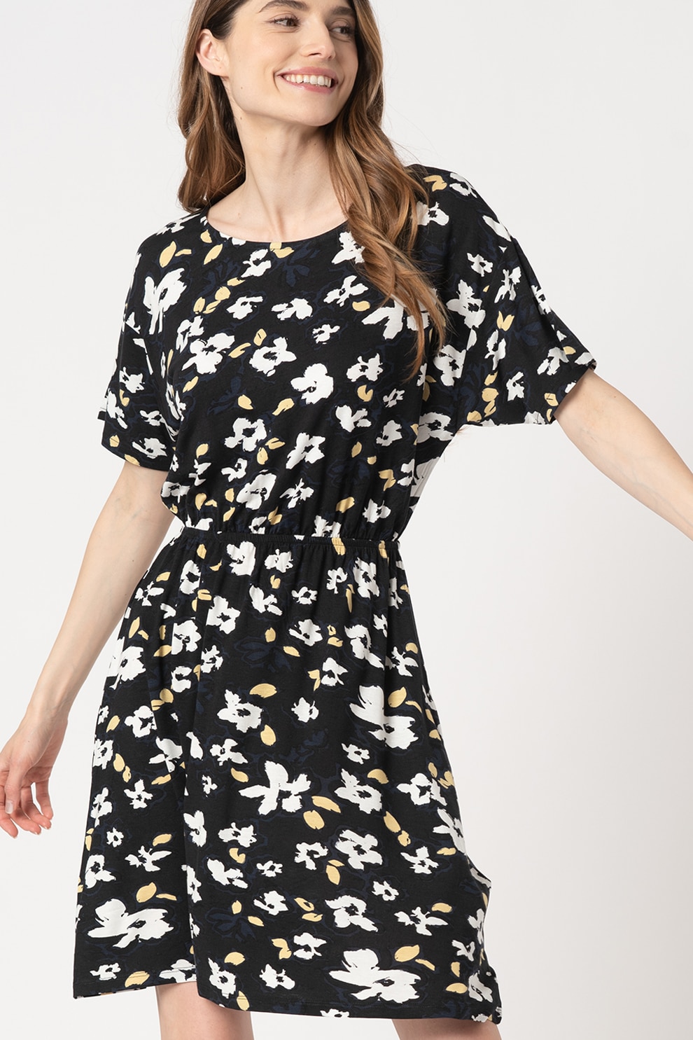 ICHI, Rochie evazata cu model Lisa, Bleumarin/Negru/Galben