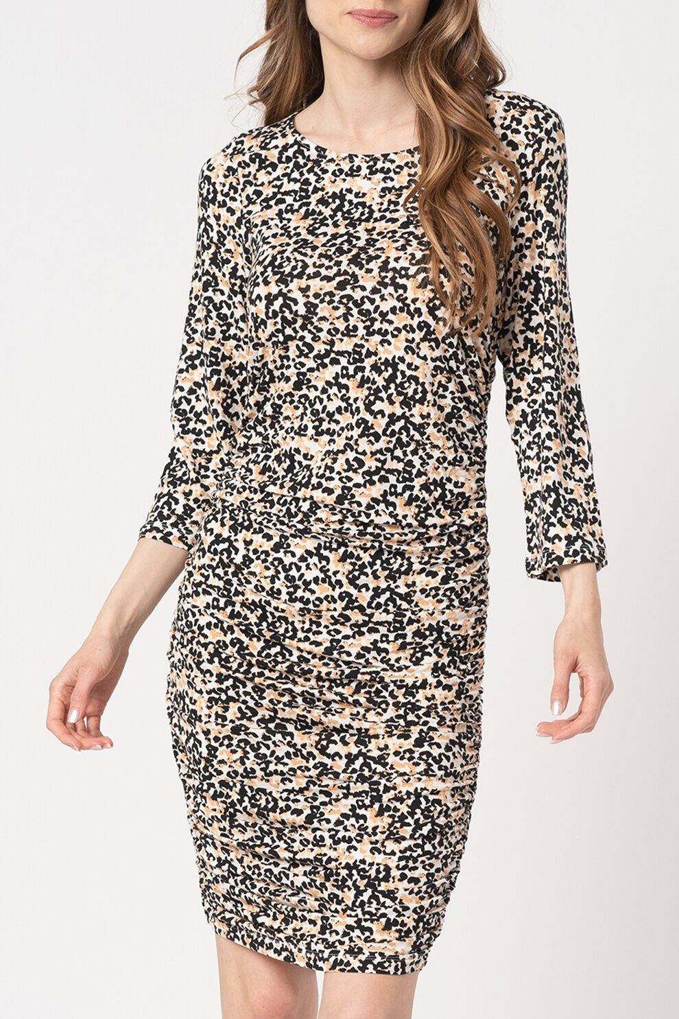 ICHI, Rochie cu model si maneci 3/4 Lisa, Negru/Alb/Bej