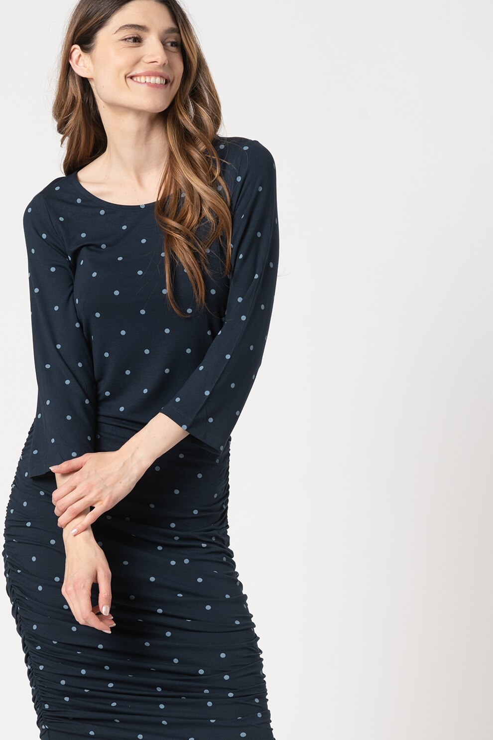 ICHI, Rochie cu model si maneci 3/4 Lisa, Bleumarin inchis