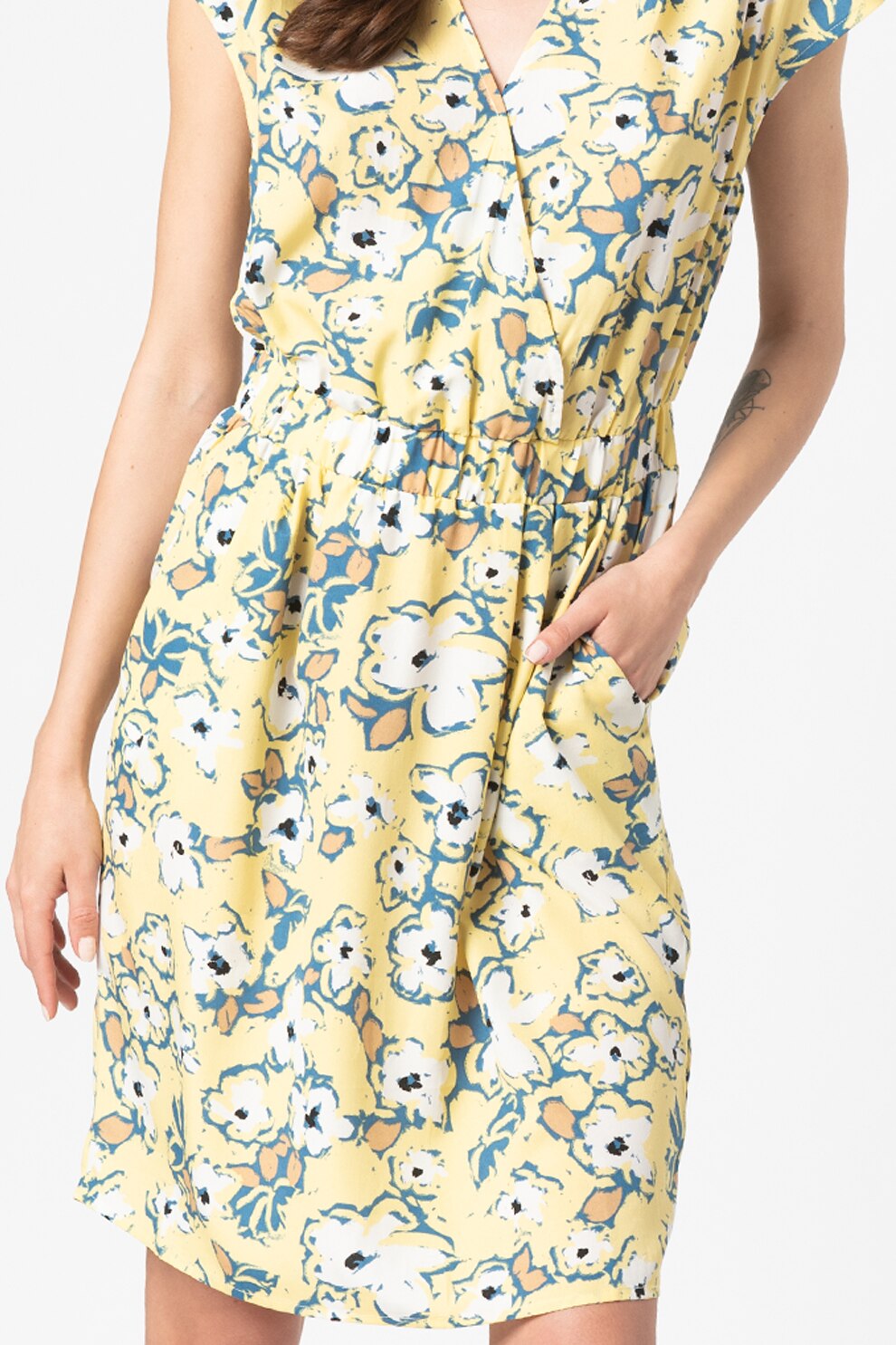 ICHI, Rochie cu imprimeu si decolteu cache-coeur Bruce, Galben pal/Alb/Albastru prafuit