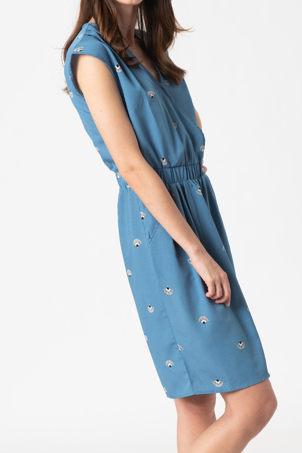 ICHI, Rochie cu imprimeu si decolteu cache-coeur Bruce, Albastru prafuit