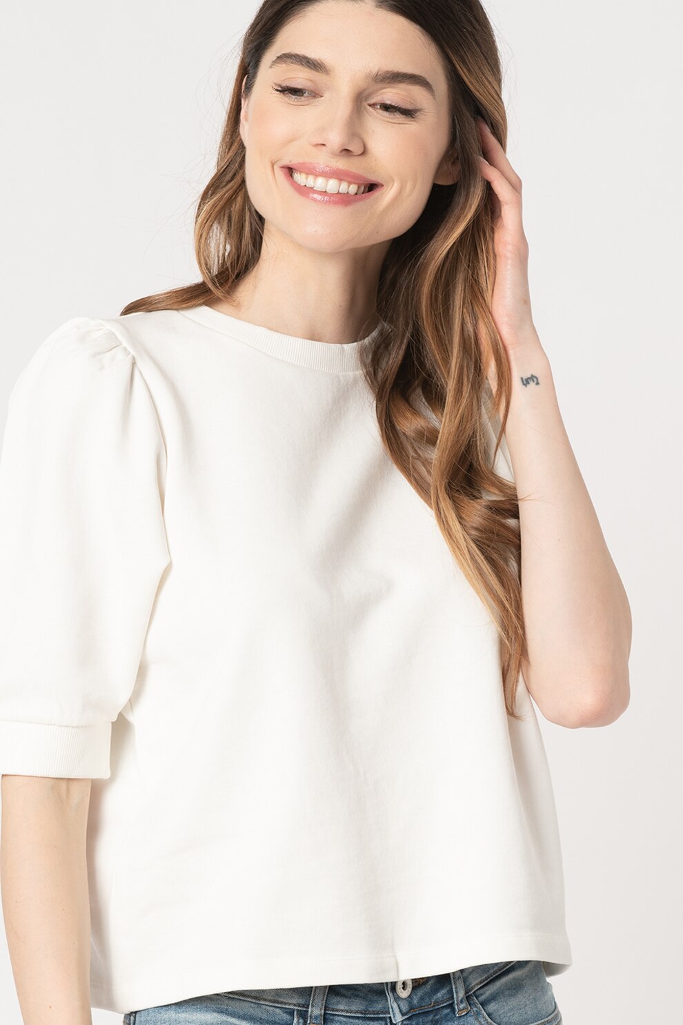 ICHI, Bluza sport de bumbac organic cu maneci bufante Yarlet, Alb