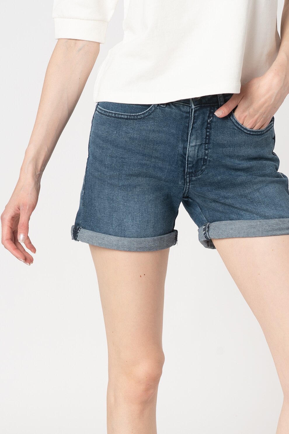 ICHI, Pantaloni din denim cu terminatie pliabila Twiggy, Albastru inchis