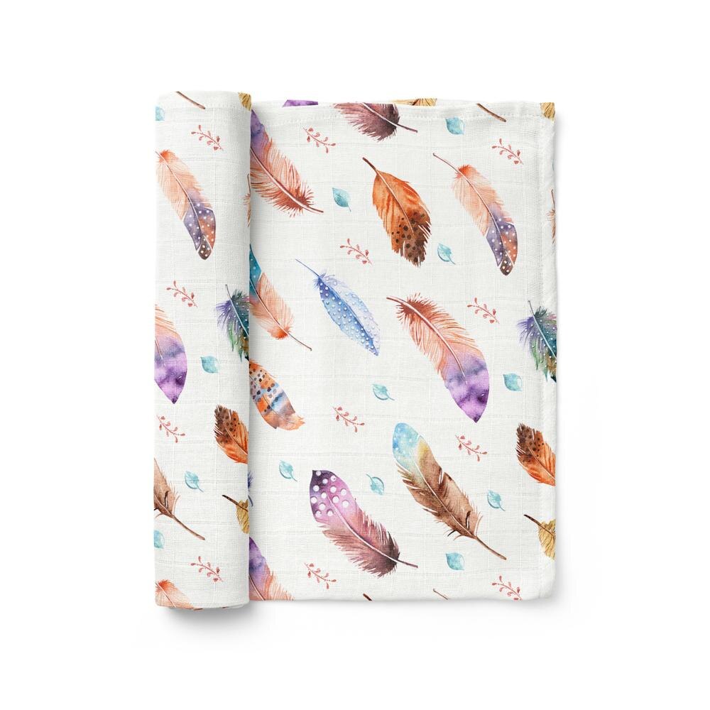 Paturica din muselina, 6 in 1, 0-5 ani, 120x120 cm, Bebeke Organic Flowers, Feathers