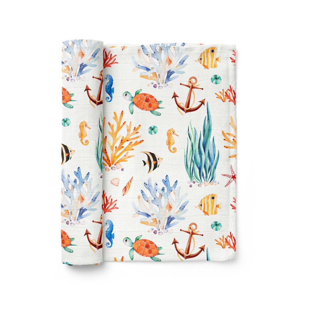 Paturica din muselina 6 in 1, 0-5 ani, 120x120 cm, Bebeke Organic Animals, Sealife