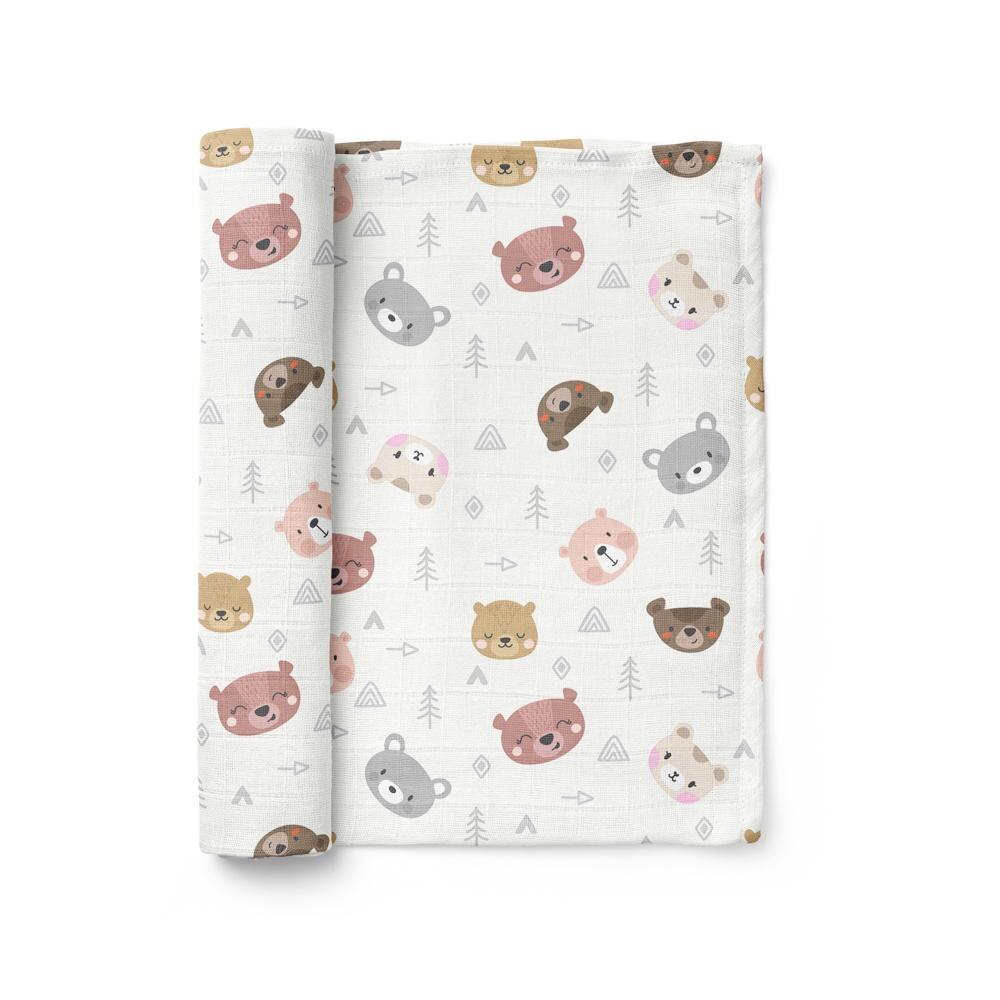 Paturica din muselina 6 in 1, 0-5 ani, 120x120 cm, Bebeke Organic Animals, Teddy Bear