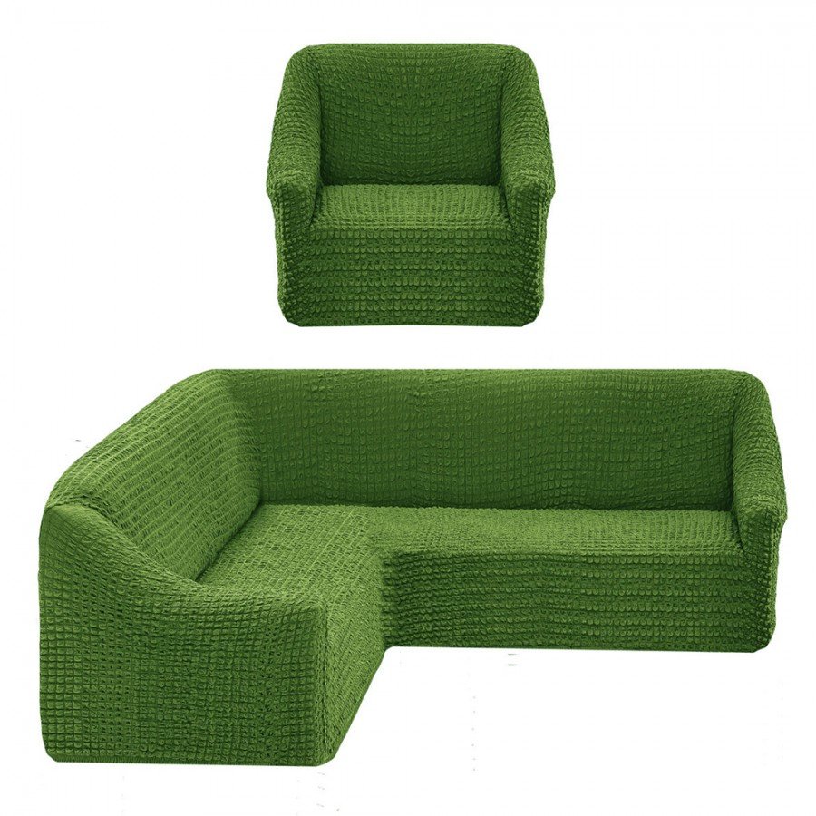 Set Husa elastica din material creponat, pentru coltar si 1 fotoliu, Verde