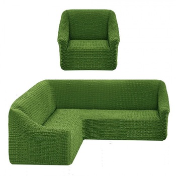 Set Husa elastica din material creponat, pentru coltar si 1 fotoliu, Verde Set Husa elastica din material creponat, pentru coltar si 1 fotoliu, Verde