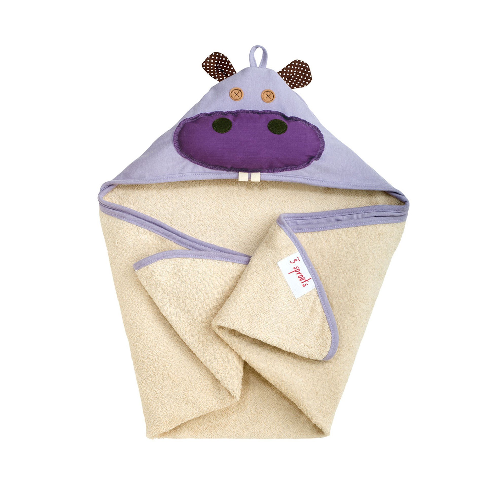 Prosop bebe cu gluga 3 Sprouts Purple Hippo, Alb/Mov, 76x76 cm