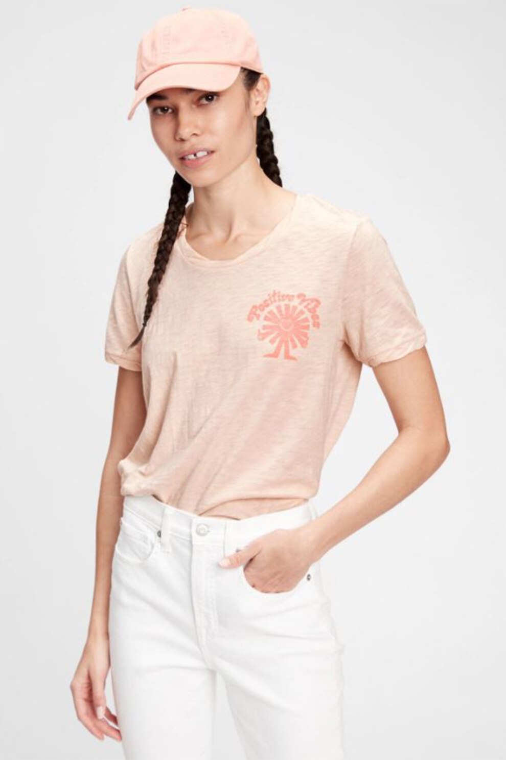 GAP, Tricou de bumbac organic cu imprimeu, Roz piersica/Roz somon