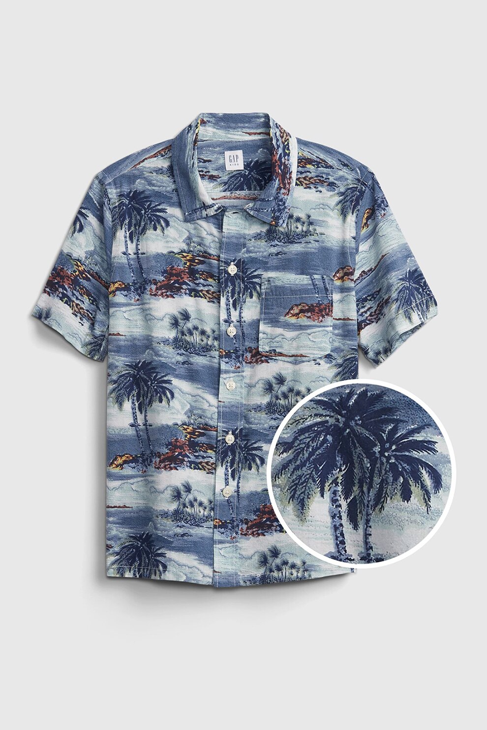 GAP, Camasa cu imprimeu vegetal si maneci scurte, Albastru prafuit/alb prafuit
