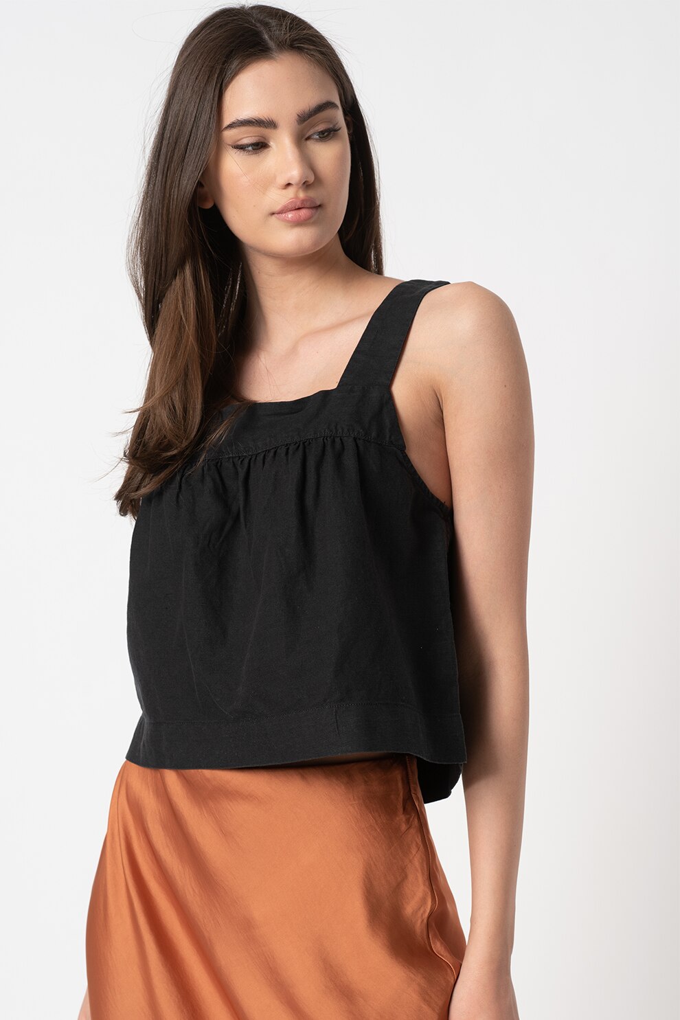 GAP, Top din amestec de in cu decolteu patrat, Negru stins