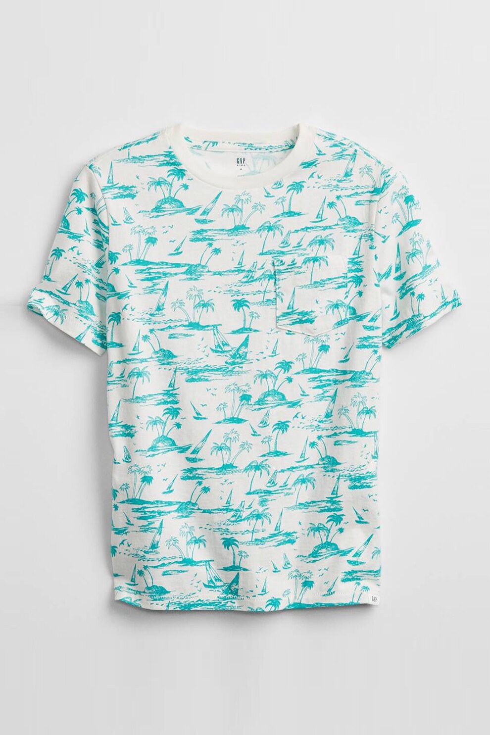 GAP, Tricou de bumbac cu imprimeu si buzunar pe piept, Alb/Albastru aqua