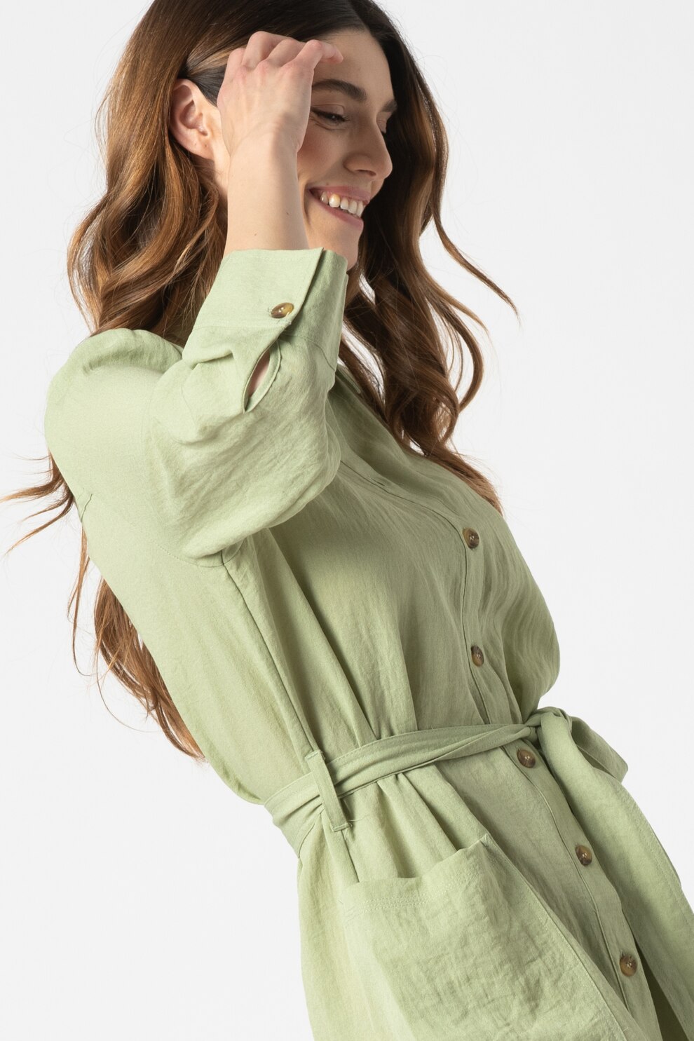 b.young, Rochie tip camasa usoara cu cordon in talie Delan, Verde feriga