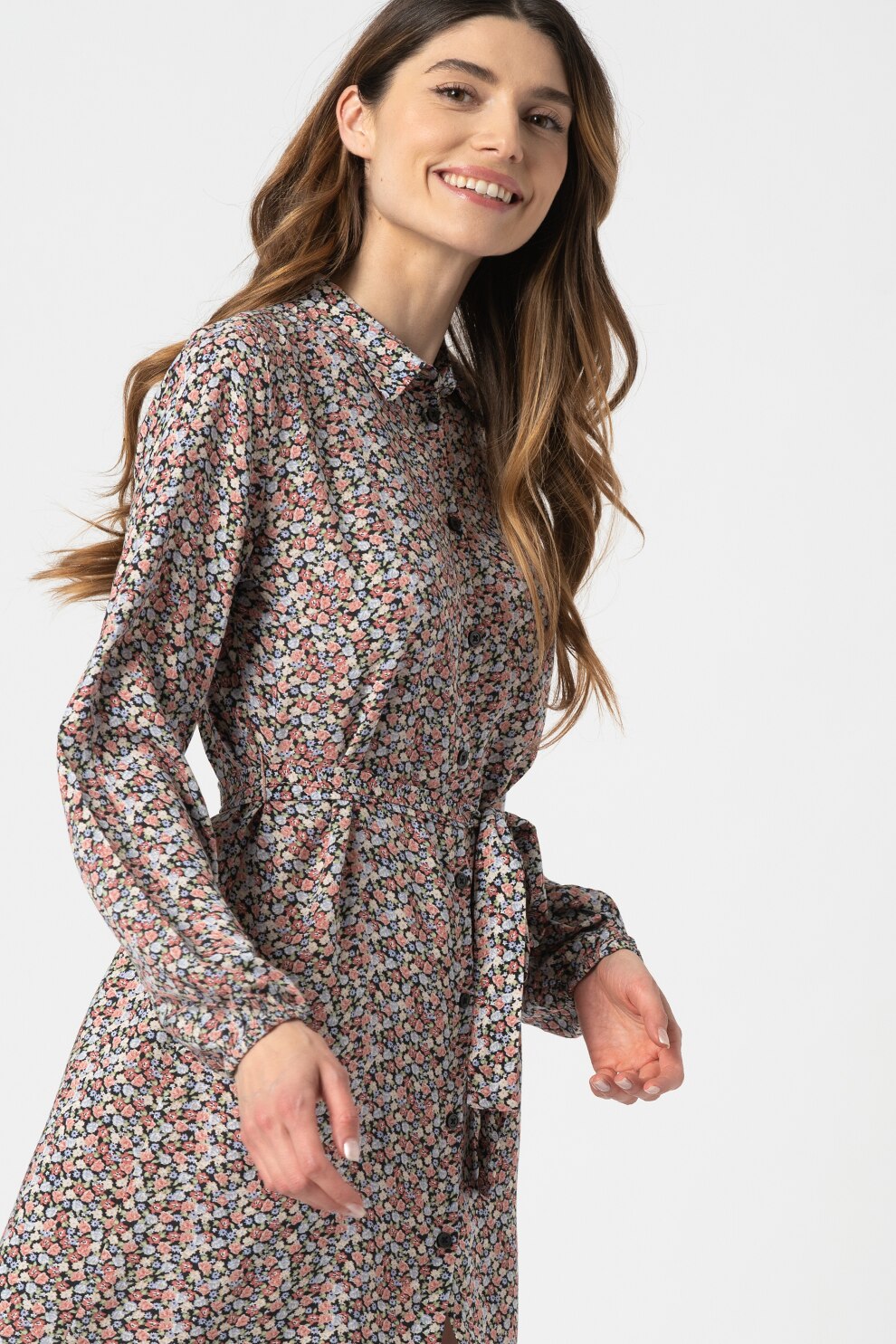 b.young, Rochie tip camasa cu imprimeu floral Joella, Negru/Roz prafuit/Galben