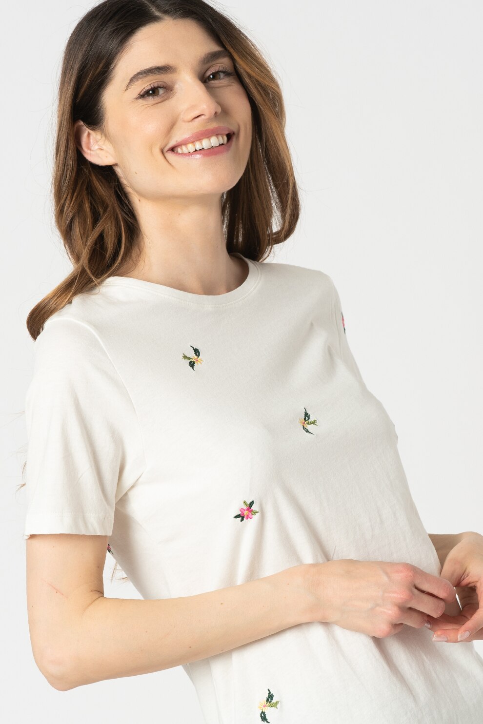 b.young, Tricou de bumbac organic cu broderii Teri, Alb prafuit/Roz/Verde