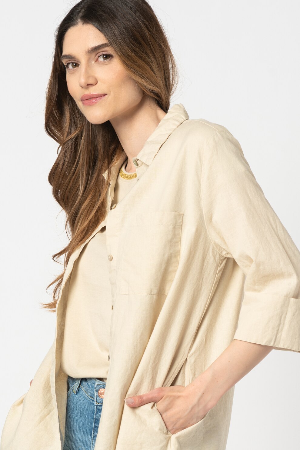 b.young, Camasa din amestec de in cu terminatie asimetrica Emman, Bej deschis