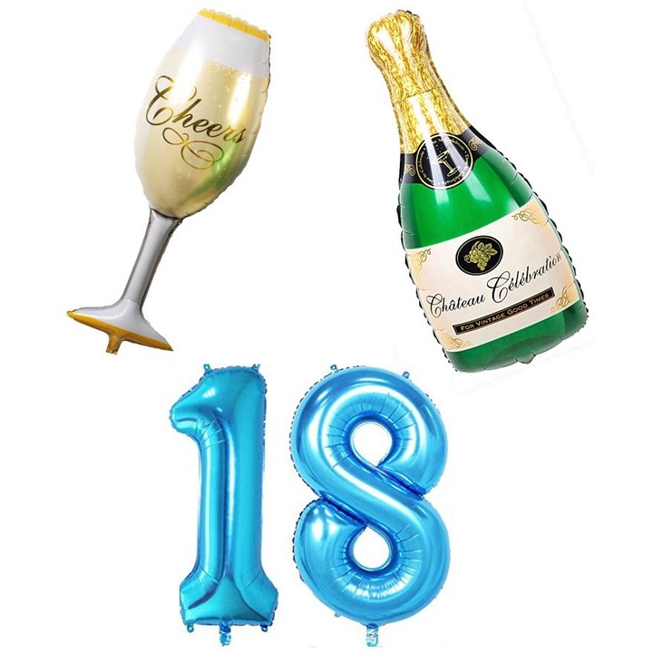 Set 4 baloane majorat, 18 ani, Glam Your Party, baloane sampanie si pahar, albastru, 1 metru