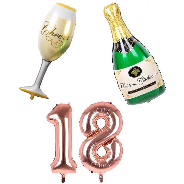 Set 4 baloane majorat, 18 ani, Glam Your Party, baloane sampanie si pahar, Rose gold, 1 metru