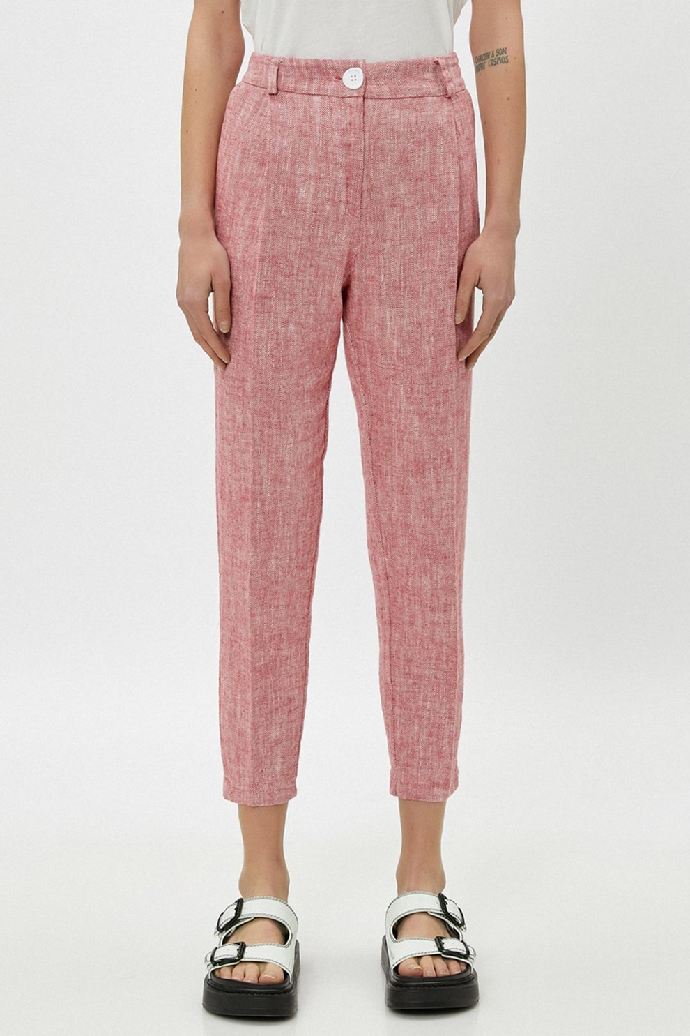 KOTON, Pantaloni din amestec de in cu talie inalta, Roz melange