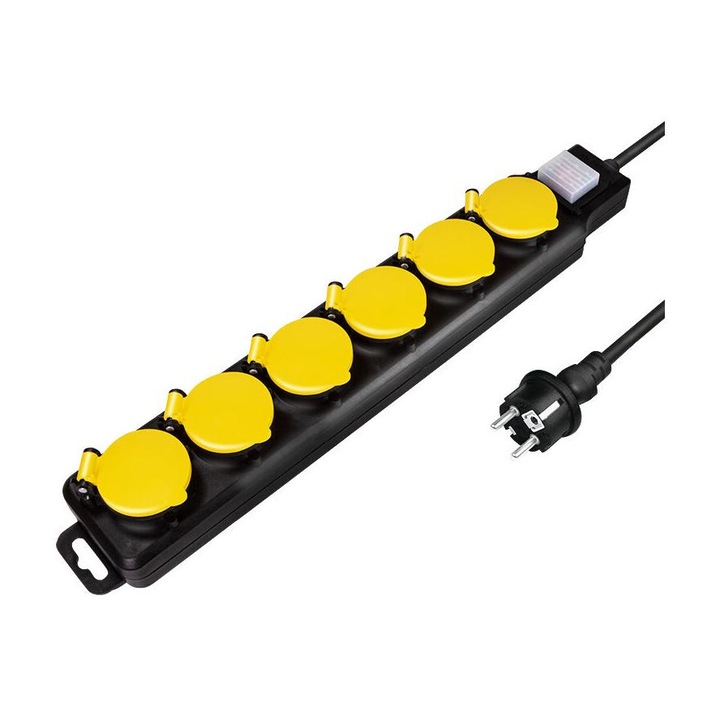 Удължител Logilink LPS256, 6 гнезда Шуко, мъжка връзка Шуко, кабел 1,5 м, 16 A, защита от пръски, Черен/Жълт