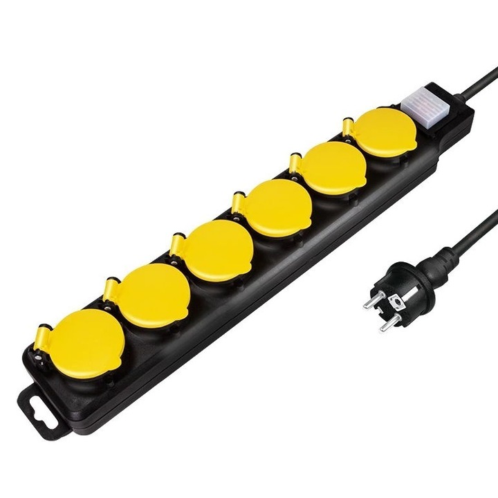 Prelungitor Logilink LPS256, 6 prize Schuko, conectare Schuko tata cablu 1.5 m, 16 A, protectie stropire cu apa, Negru/Galben