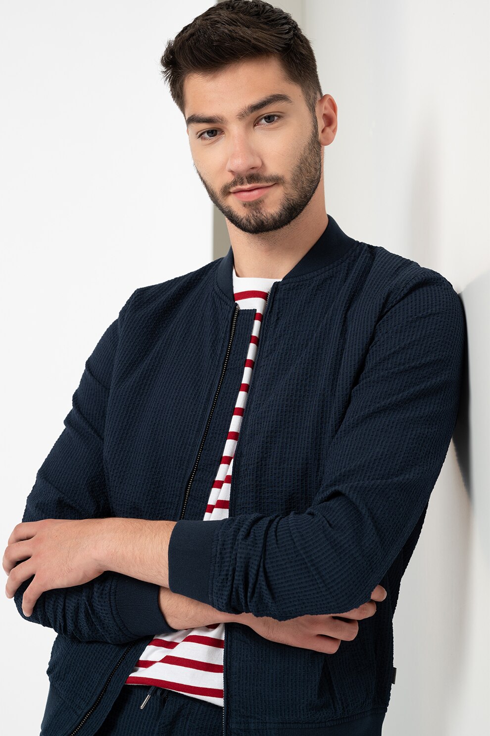 !Solid, Jacheta usoara cu fermoar si aspect texturat Rio, Bleumarin, S