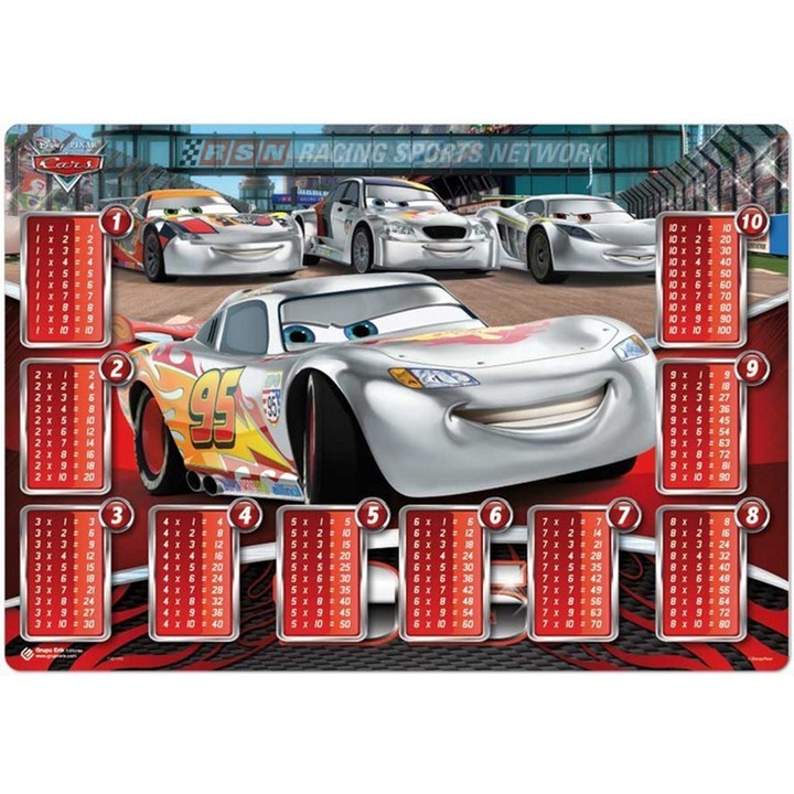 Suport pentru birou Cars Silver cu tabla inmultirii, din plastic laminat si baza antiderapanta, 50x30 cm, produs licentiat