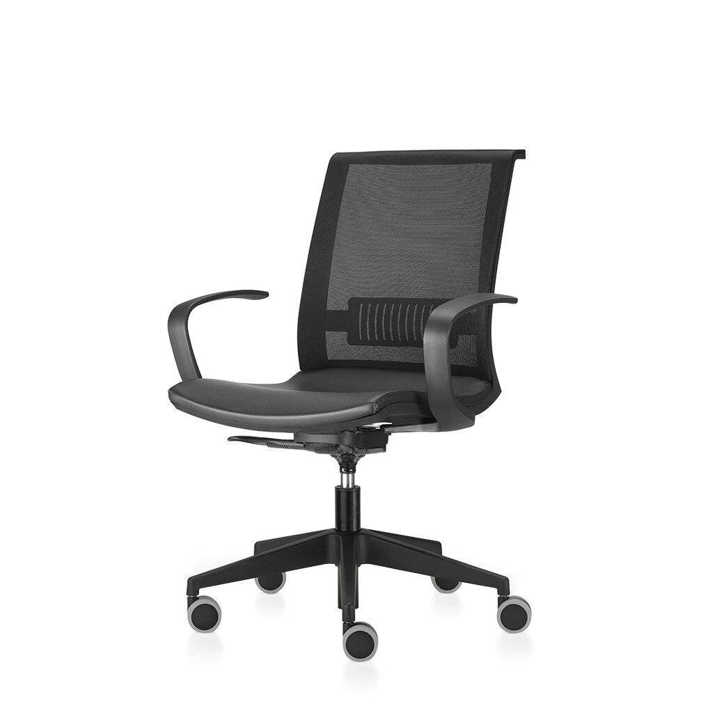 Scaun ergonomic de birou si homeoffice TRAFFIC CHAIRS, NEXT MESH, spatar scund mesh, sezut piele ecologica NEAGRA, brate fixe, stea plastic, mecanism balans