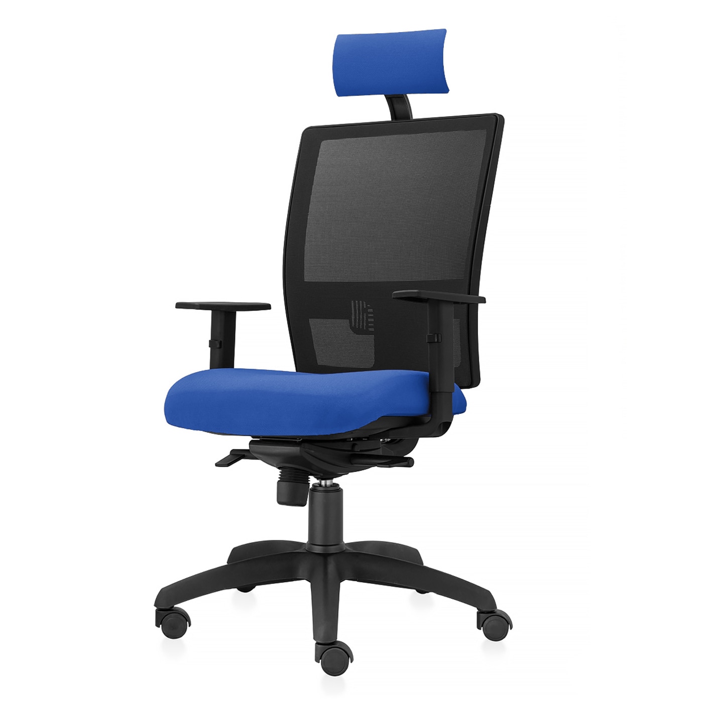 Scaun ergonomic de birou TRAFFIC CHAIRS SMART, tapiterie textil ALBASTRU, spatar reglabil pe inaltime cu mesh Negru, tetiera reglabila, mecanism multiblock, brate reglabile