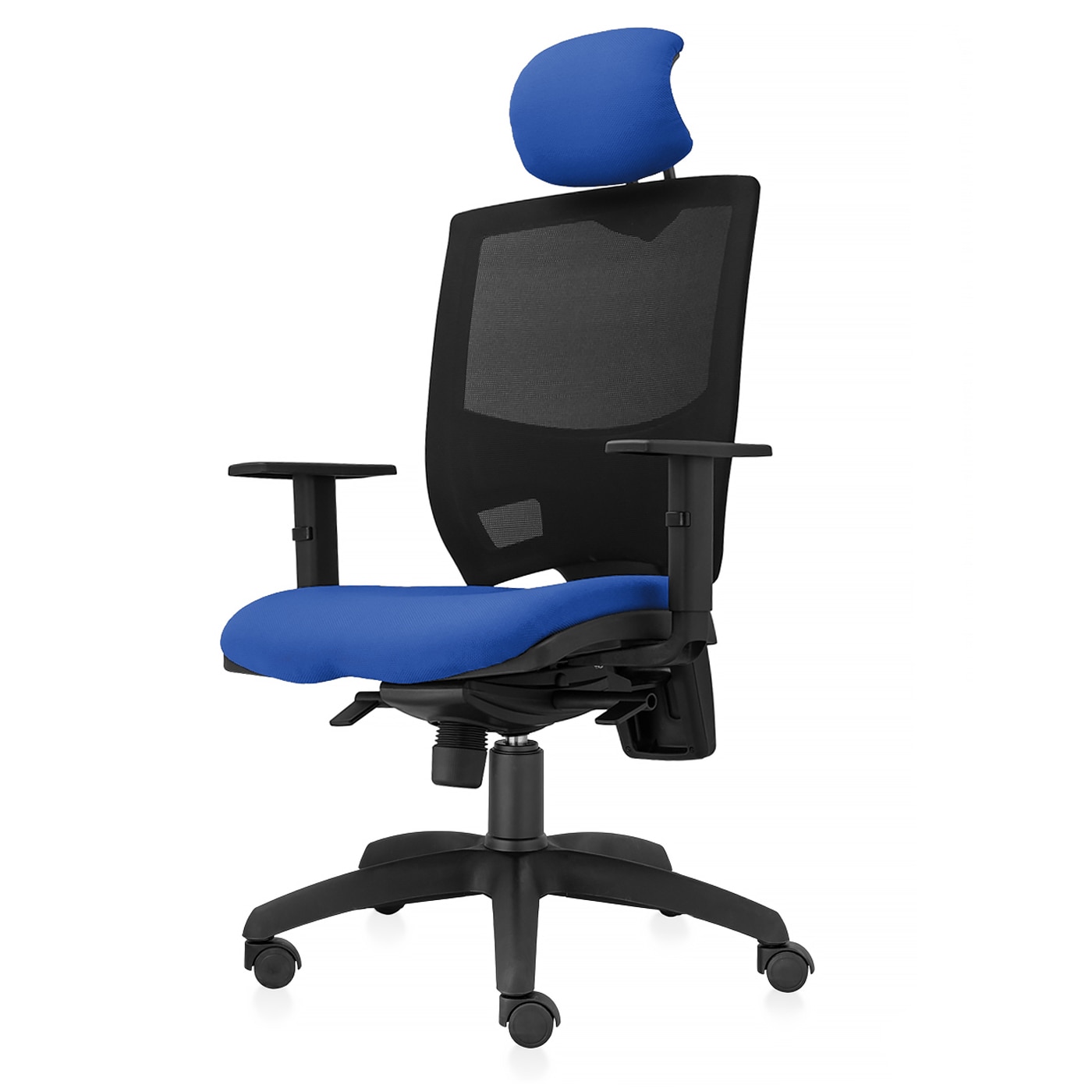 Scaun ergonomic de birou TRAFFIC CHAIRS SPRING, tapiterie sezut textil ALBASTRU, spatar reglabil pe inaltime mesh Negru, tetiera reglabila tapitata, mecanism multiblock, brate reglabile