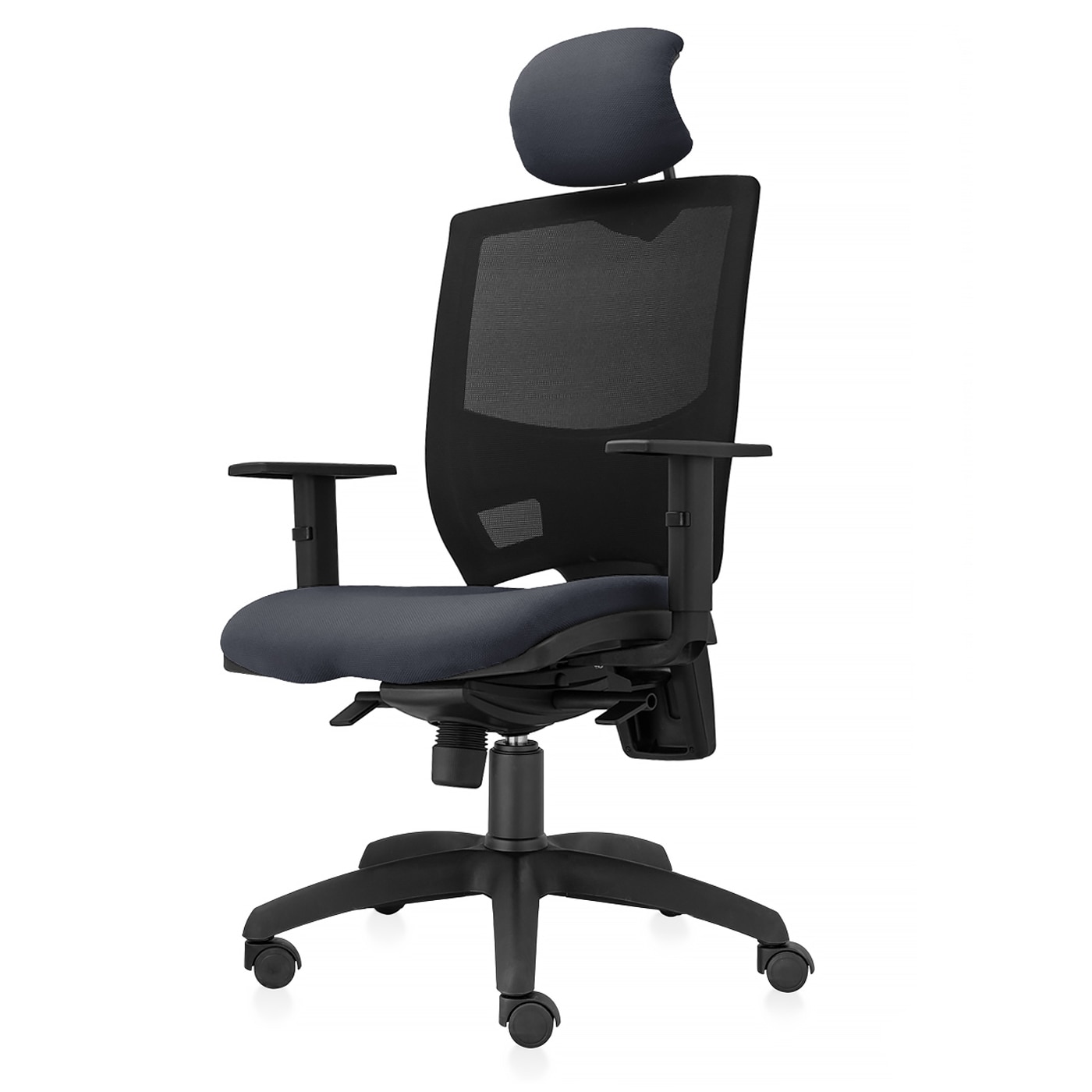 Scaun ergonomic de birou TRAFFIC CHAIRS SPRING, tapiterie sezut textil GRI INCHIS, spatar reglabil pe inaltime mesh Negru, tetiera reglabila tapitata, mecanism multiblock, brate reglabile