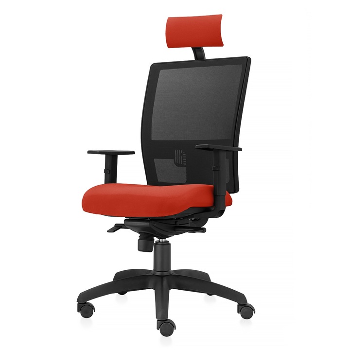 Scaun ergonomic de birou TRAFFIC CHAIRS CLEVER, tapiterie textil PORTOCALIU INCHIS, spatar reglabil pe inaltime cu mesh NEGRU, mecanism multiblock